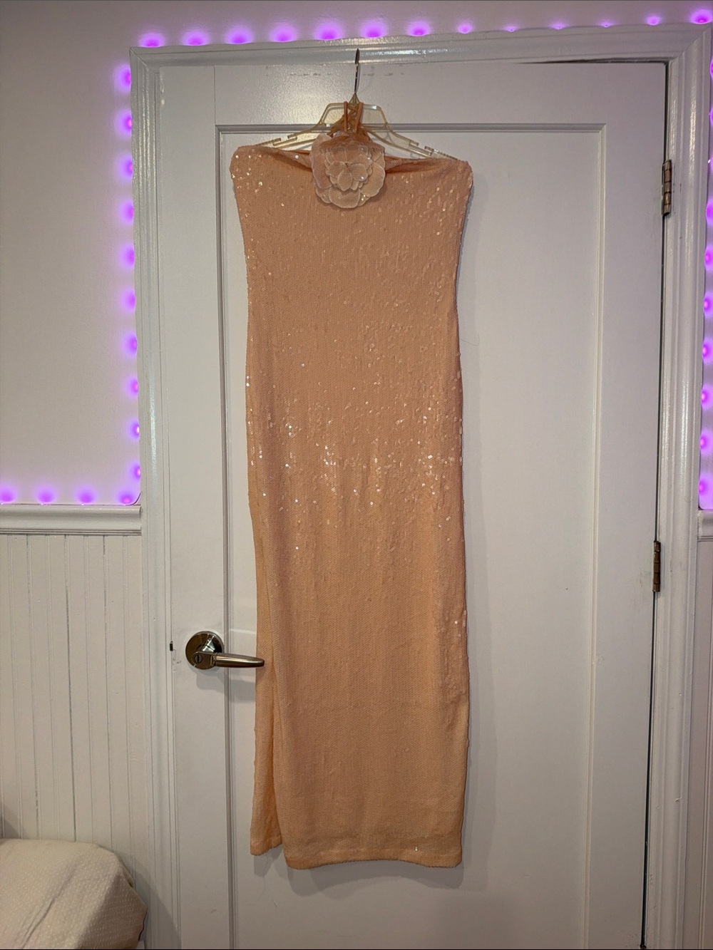 Strapless Sequin Bodycon Maxi Dress in Peach
